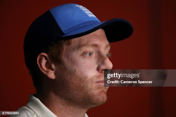 Jonny Bairstow of England talks to media during a press conference following play during day five of the First Test Match of the 2017/18 Ashes Series...