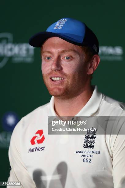 Jonny Bairstow of England speaks to media after losing on day five of the First Test Match of the 2017/18 Ashes Series between Australia and England...