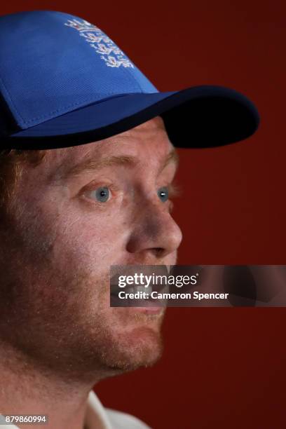 Jonny Bairstow of England talks to media during a press conference following play during day five of the First Test Match of the 2017/18 Ashes Series...