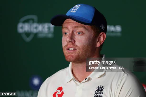 Jonny Bairstow of England speaks to media after losing on day five of the First Test Match of the 2017/18 Ashes Series between Australia and England...