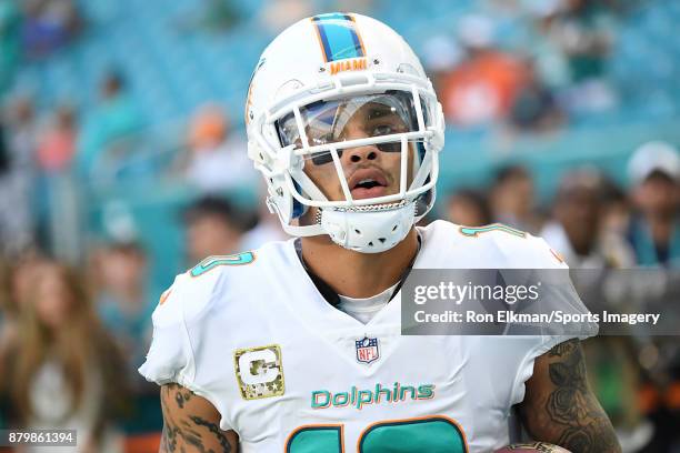 Kenny Stills of the Miami Dolphins looks on before a NFL game against the Tampa Bay Buccaneers at Hard Rock Stadium on November 19, 2017 in Miami...