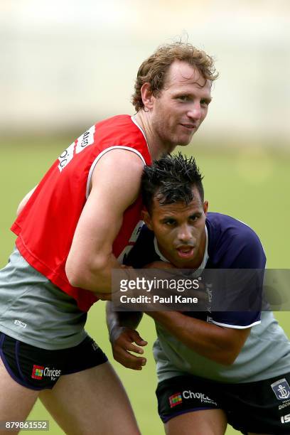 David Mundy and Danyle Pearce of the Dockers contest for position during a Fremantle Dockers AFL pre-season training session at Victor George Kailis...