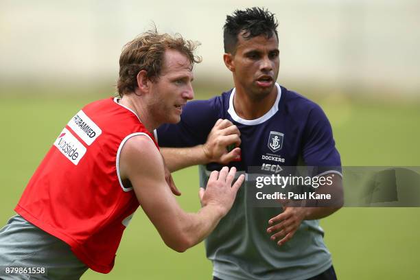 David Mundy and Danyle Pearce of the Dockers contest for position during a Fremantle Dockers AFL pre-season training session at Victor George Kailis...