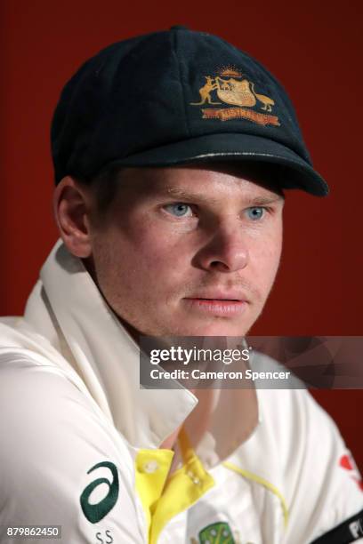 Steve Smith of Australia attends a press conference with team mate Cameron Bancroft during day five of the First Test Match of the 2017/18 Ashes...