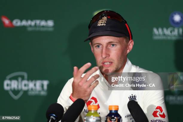 Joe Root of England speaks to media after losing on day five of the First Test Match of the 2017/18 Ashes Series between Australia and England at The...