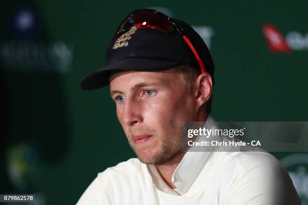 Joe Root of England speaks to media after losing on day five of the First Test Match of the 2017/18 Ashes Series between Australia and England at The...