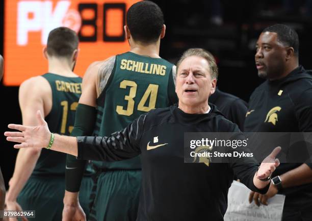 Michigan State Spartans head coach Tom Izzo reacts to an officials call in the first half of the game against the North Carolina Tar Heels during the...