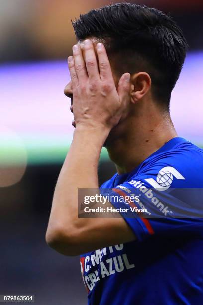 Francisco Silva of Cruz Azul reacts during the quarter finals second leg match between America and Cruz Azul as part of the Torneo Apertura 2017 Liga...