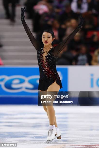 Karen Chen of the United States reacts after competing in the Ladies' Free Skate during day three of 2017 Bridgestone Skate America at Herb Brooks...