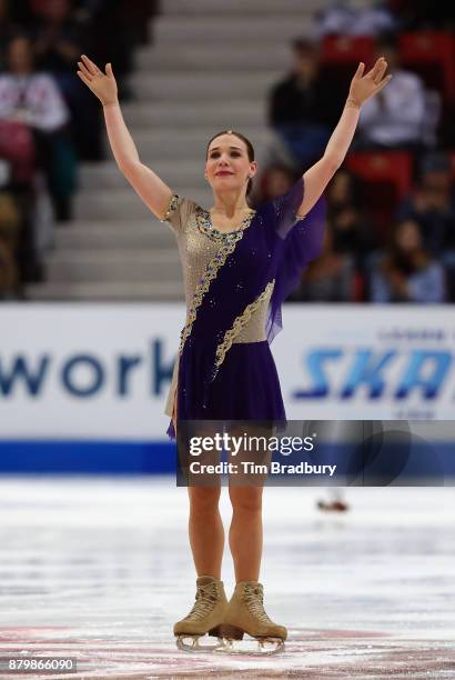 Alena Leonova of Russia reacts after competing in the Ladies' Free Skate during day three of 2017 Bridgestone Skate America at Herb Brooks Arena on...