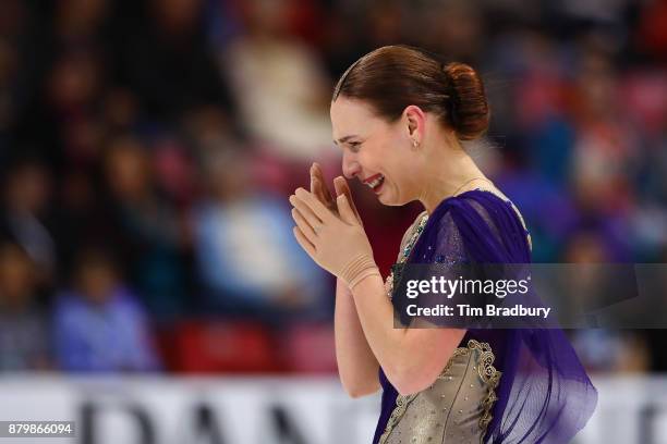 Alena Leonova of Russia reacts after competing in the Ladies' Free Skate during day three of 2017 Bridgestone Skate America at Herb Brooks Arena on...