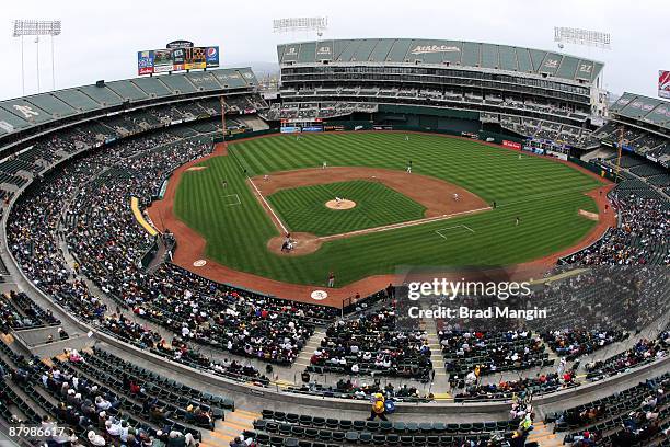 Overall general interior stadium view of the home stadium for the Oakland Athletics, the Oakland-Alameda County Coliseum during the game against the...