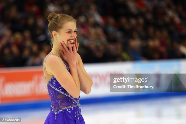 Nicole Rajicova of Slovakia reacts after competing in the Ladies' Free Skate during day three of 2017 Bridgestone Skate America at Herb Brooks Arena...