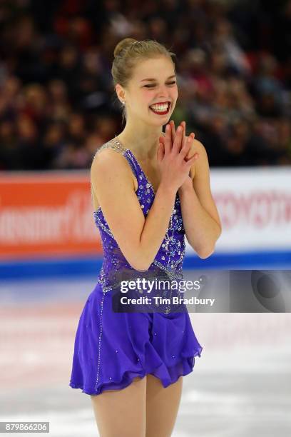 Nicole Rajicova of Slovakia reacts after competing in the Ladies' Free Skate during day three of 2017 Bridgestone Skate America at Herb Brooks Arena...