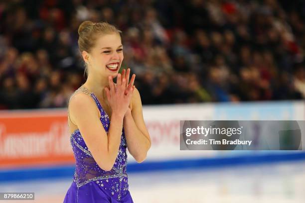 Nicole Rajicova of Slovakia reacts after competing in the Ladies' Free Skate during day three of 2017 Bridgestone Skate America at Herb Brooks Arena...