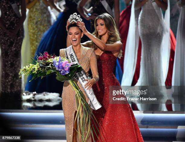 Miss South Africa 2017 Demi-Leigh Nel-Peters reacts as she is crowned 2017 Miss Universe by Miss Universe 2016 Iris Mittenaere during the 2017 Miss...