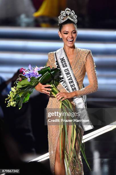 Miss South Africa 2017 Demi-Leigh Nel-Peters reacts after she is named the 2017 Miss Universe during the 2017 Miss Universe Pageant at The Axis at...