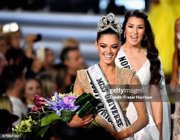 Miss South Africa 2017 Demi-Leigh Nel-Peters reacts after being named the 2017 Miss Universe during the 2017 Miss Universe Pageant at The Axis at...