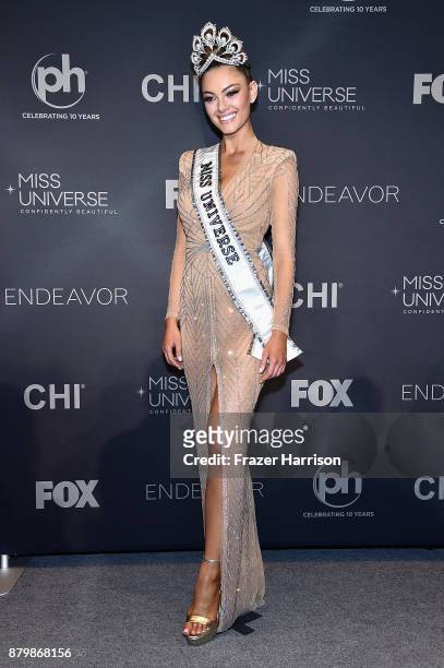Miss Universe 2017 Demi-Leigh Nel-Peters appears in the press room after the 2017 Miss Universe Pageant at The Axis at Planet Hollywood Resort &...
