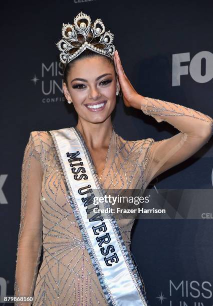 Miss Universe 2017 Demi-Leigh Nel-Peters appears in the press room after the 2017 Miss Universe Pageant at The Axis at Planet Hollywood Resort &...