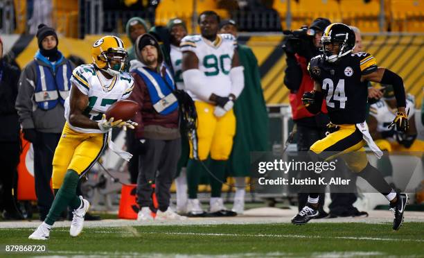 Davante Adams of the Green Bay Packers makes a catch for a 55 yard touchdown reception in the third quarter during the game against the Pittsburgh...