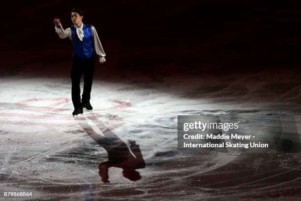 Takahito Mura of Japan performs during the Smucker's Skating Spectacular on Day 3 of the ISU Grand Prix of Figure Skating at Herb Brooks Arena on...