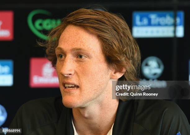 Nathan Murphy of the Magpies speaks to the media during a Collingwood Magpies AFL training session at Holden Centre on November 27, 2017 in...