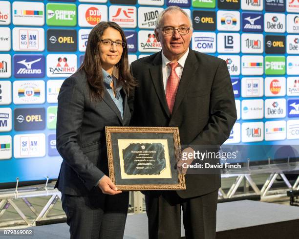 European Judo Union Sports Director, Catarina Rodrigues, presents the President of the German Judo Federation, Peter Frese who as recently promoted...