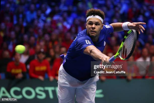 Jo-Wilfried Tsonga of France in action against David Goffin of Belgium on day 3 of the Davis Cup World Group final between France and Belgium at...