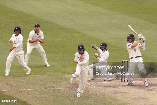 Sean Abbott of NSW bats during day four of the Sheffield Shield match between New South Wales and Victoria at North Sydney Oval on November 27, 2017...