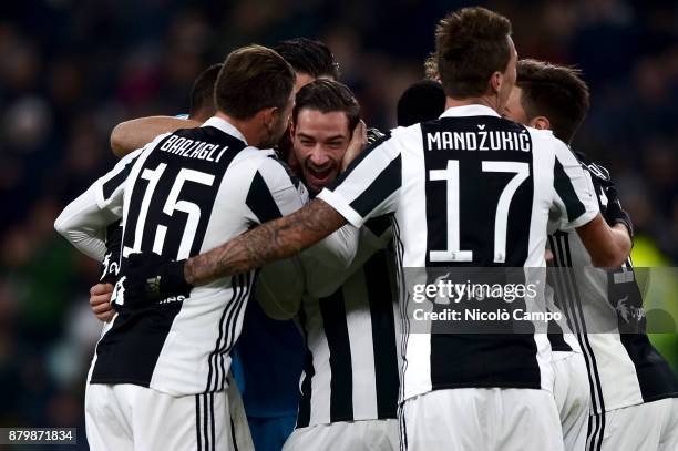 Mattia De Sciglio of Juventus FC celebrates with his teamamtes after scoring a goal during the Serie A football match between Juventus FC and FC...