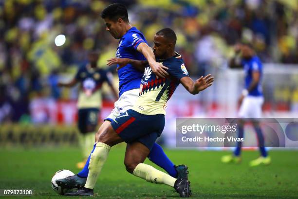 Francisco Silva of Cruz Azul struggles for the ball with William Da Silva of America during the quarter finals second leg match between America and...
