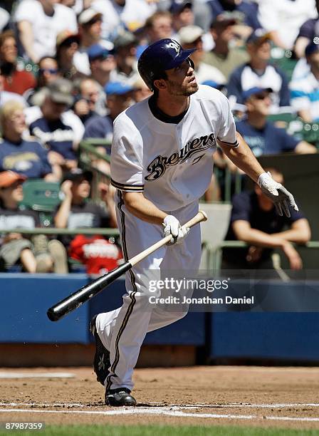 Hardy of the Milwaukee Brewers runs after hitting the ball against the Florida Marlins on May 14, 2009 at Miller Park in Milwaukee, Wisconsin. The...