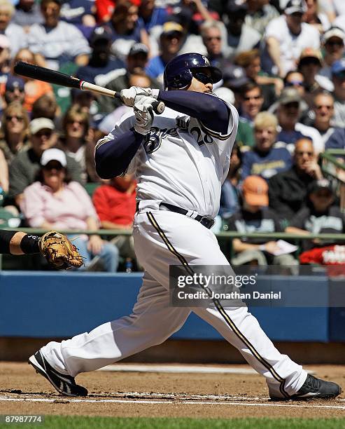 Prince Fielder of the Milwaukee Brewers hits the ball against the Florida Marlins on May 14, 2009 at Miller Park in Milwaukee, Wisconsin. The Brewers...