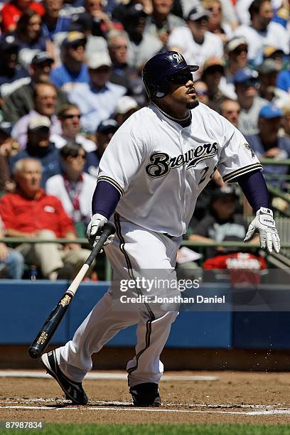 Prince Fielder of the Milwaukee Brewers runs after hitting the ball against the Florida Marlins on May 14, 2009 at Miller Park in Milwaukee,...