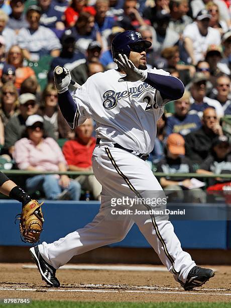 Prince Fielder of the Milwaukee Brewers hits the ball against the Florida Marlins on May 14, 2009 at Miller Park in Milwaukee, Wisconsin. The Brewers...