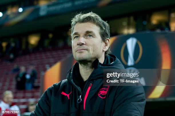Goalkeeper coach Jens Lehmann of Arsenal looks on during the UEFA Europa League Group H soccer match between 1.FC Cologne and Arsenal FC at the...