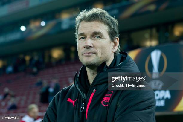Goalkeeper coach Jens Lehmann of Arsenal looks on during the UEFA Europa League Group H soccer match between 1.FC Cologne and Arsenal FC at the...