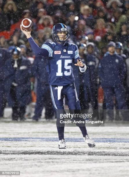 Ricky Ray of the Toronto Argonauts throws the ball against the Calgary Stampeders during the second half of the 105th Grey Cup Championship Game at...
