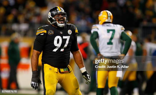 Cameron Heyward of the Pittsburgh Steelers reacts after a sack of Brett Hundley of the Green Bay Packers in the second half during the game at Heinz...