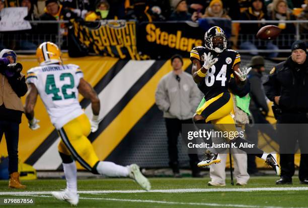 Antonio Brown of the Pittsburgh Steelers catches a pass for a 33 yard touchdown in the fourth quarter during the game at Heinz Field on November 26,...