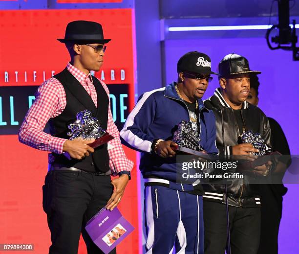 Ronnie DeVoe, Ricky Bell, and Michael Bivins of Bell Biv DeVoe accept the Soul Train Certified Award onstage at the 2017 Soul Train Awards, presented...