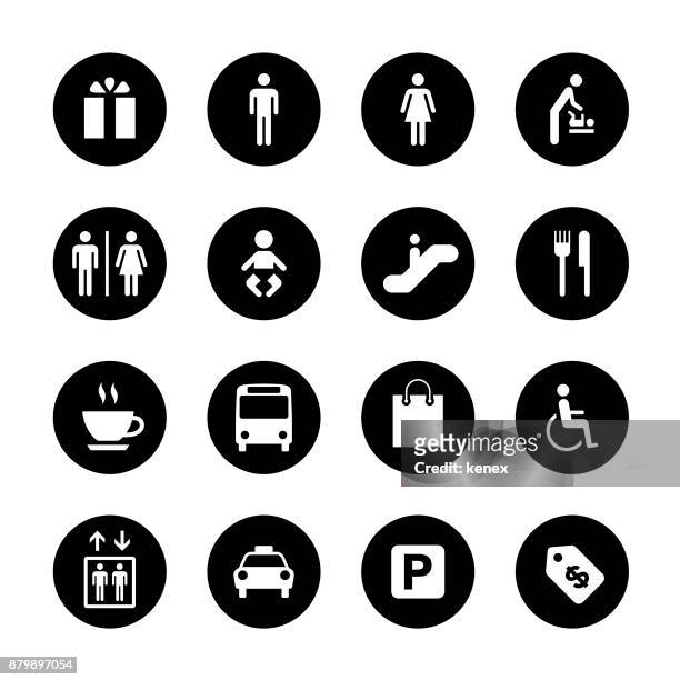 öffentlichkeit und shopping mall circle icons set - man toilet stock-grafiken, -clipart, -cartoons und -symbole