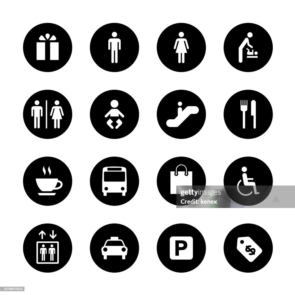 Public and Shopping Mall Circle Icons Set