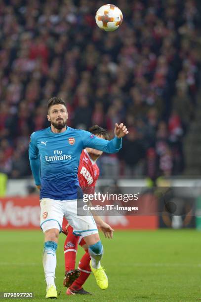 Olivier Giroud of Arsenal controls the ball during the UEFA Europa League Group H soccer match between 1.FC Cologne and Arsenal FC at the...