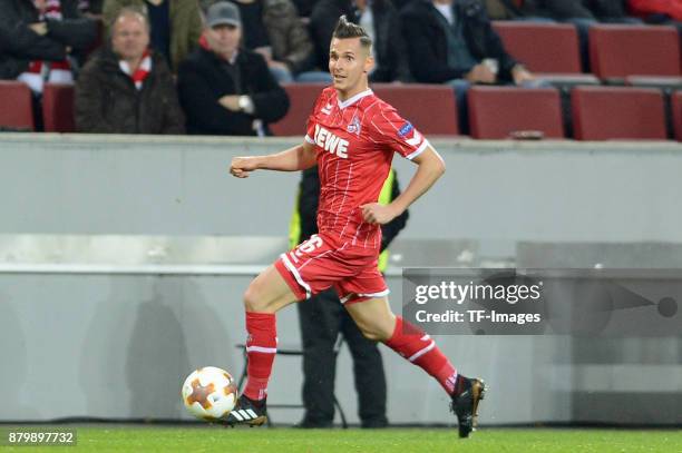 Pawel Olkowski of Cologne controls the ball during the UEFA Europa League Group H soccer match between 1.FC Cologne and Arsenal FC at the...