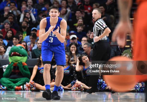 Grayson Allen of the Duke Blue Devils gets set to play some defense in the second half of the game against the Florida Gators during the PK80-Phil...