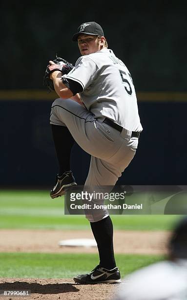 Starting pitcher Josh Johnson of the Florida Marlins delivers the ball against the Milwaukee Brewers on May 14, 2009 at Miller Park in Milwaukee,...