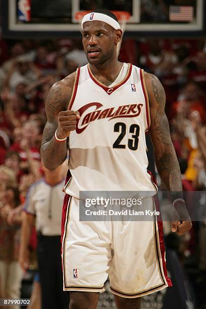 LeBron James of the Cleveland Cavaliers reacts in Game One of the Eastern Conference Finals against the Orlando Magic during the 2009 NBA Playoffs at...