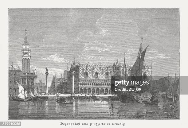 doge's palace and piazzetta, venice, italy, wood engraving, published 1883 - canale della giudecca stock illustrations